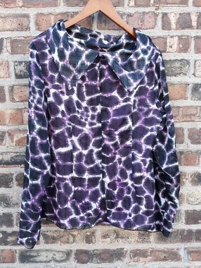 Split 5p1t Silk Lined Purple Black Animal Print Blouse Top Collar Stone M